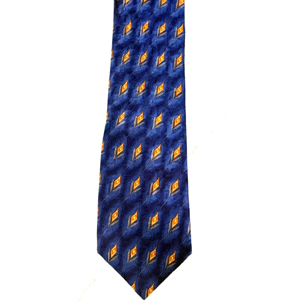 Jos. A. Bank Mens Silk Necktie Navy Blue Orange Geometric Diamond Pattern Tie